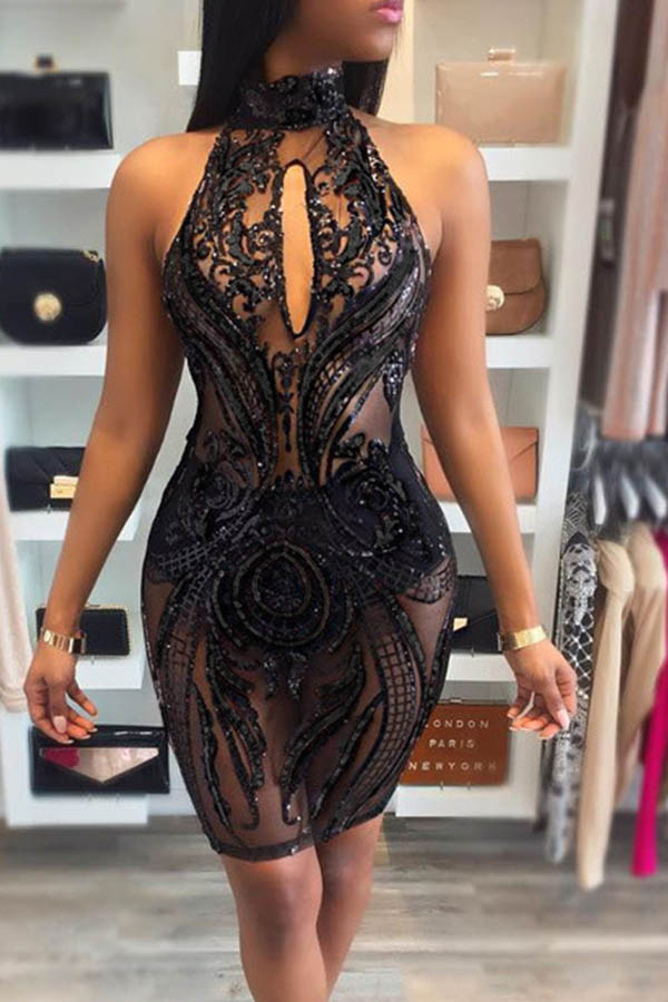 

Lovely Sexy Turtleneck Backless Black Mini Dress