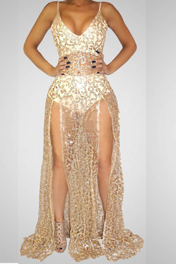 

Lovely Party See-through Gold Evening Dress