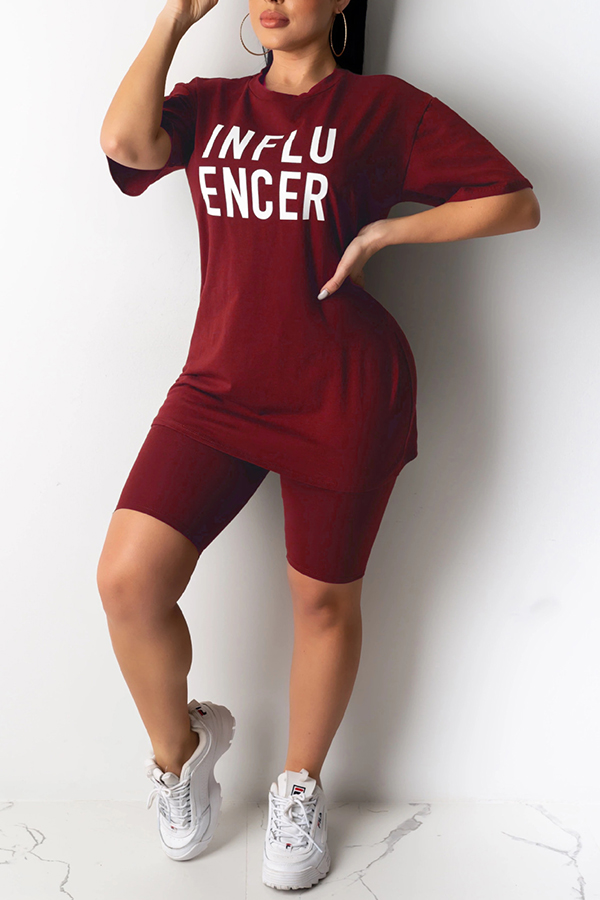 

Lovely Casual Letter Print Wine Red Two-piece Shorts Set