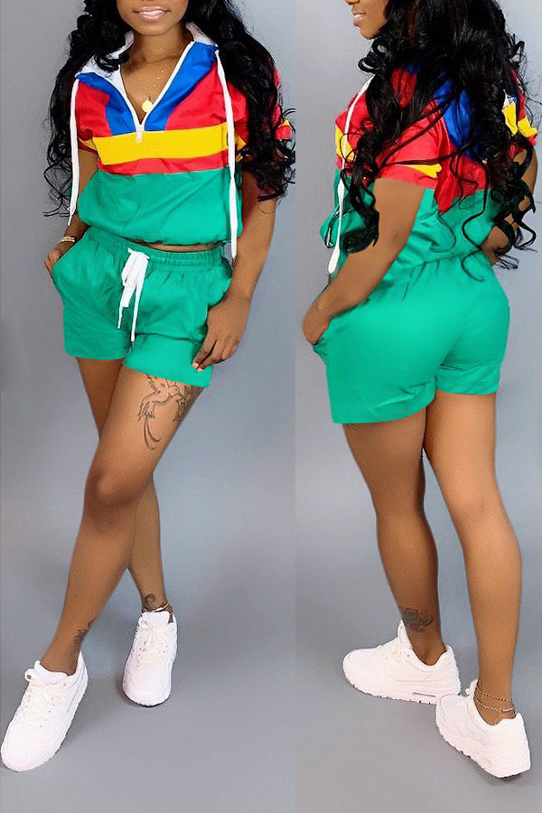 

Lovely Chic Patchwork Black Two-piece Shorts Set, Green