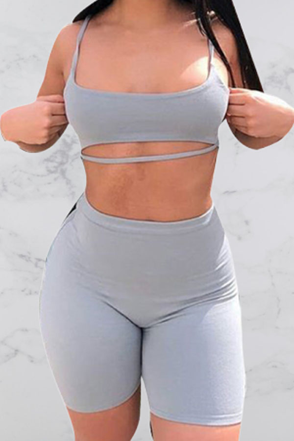 Lovely Casual Basic Crop Top Grey Two-piece Shorts Set