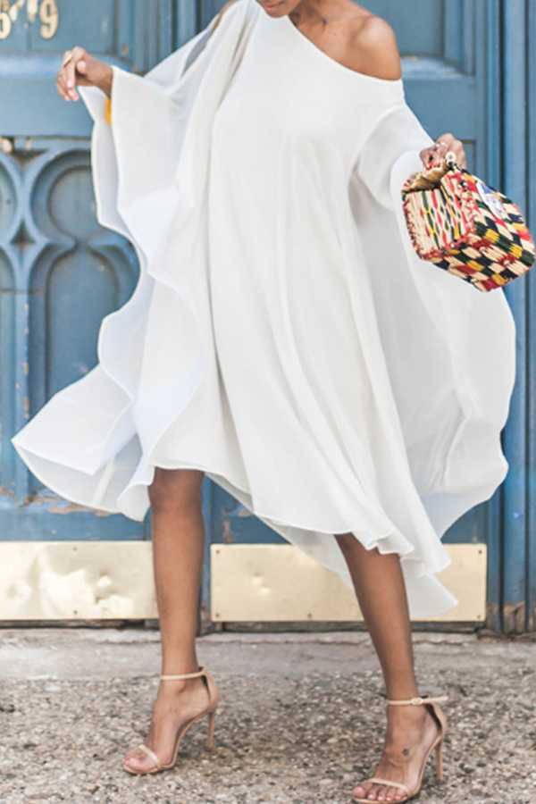 

Lovely Casual Loose White Mid Calf Dress