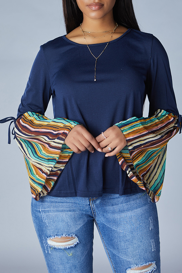 

Lovely Trendy O Neck Patchwork Navy Blue Blouse