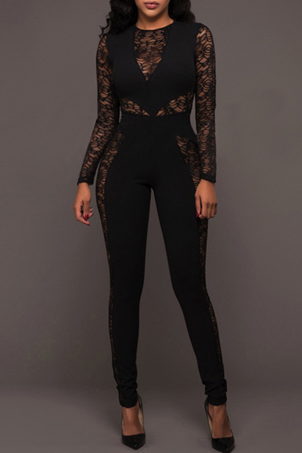 

Lovely Casual Lace Patchwork Black One-piece Jumpsuit
