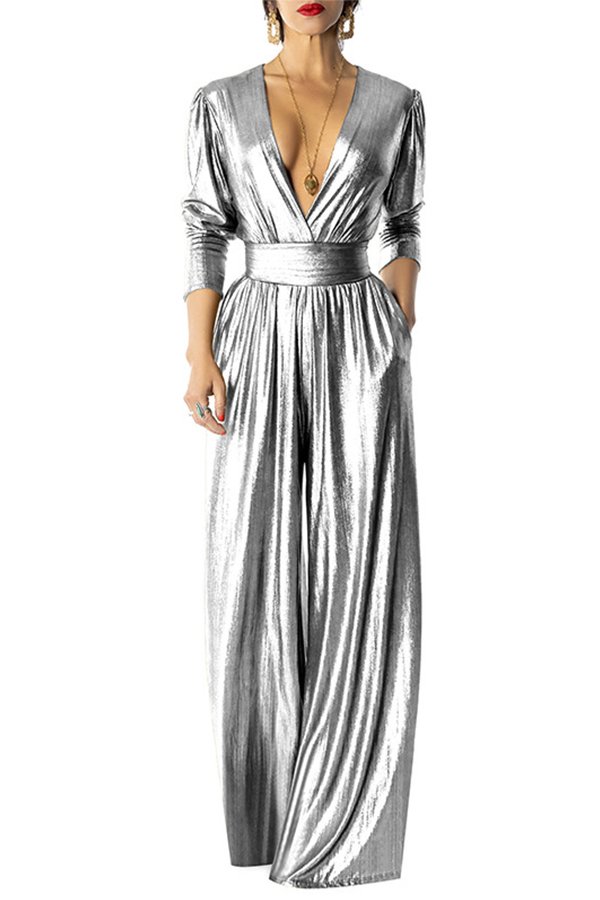 

Lovely Casual Deep V Neck Silver One-piece Jumpsuit