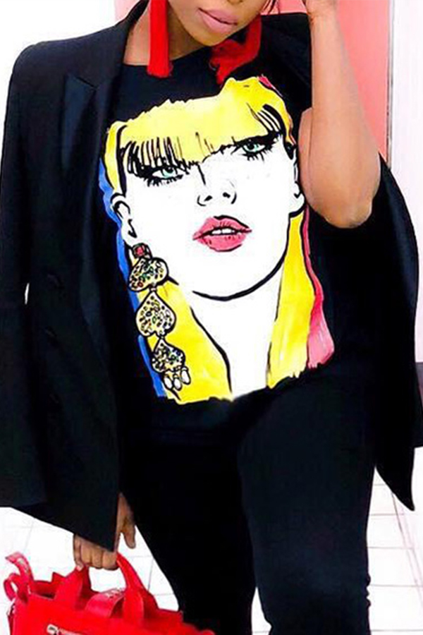 

Lovely Casual O Neck Cartoon Print Black T-shirt