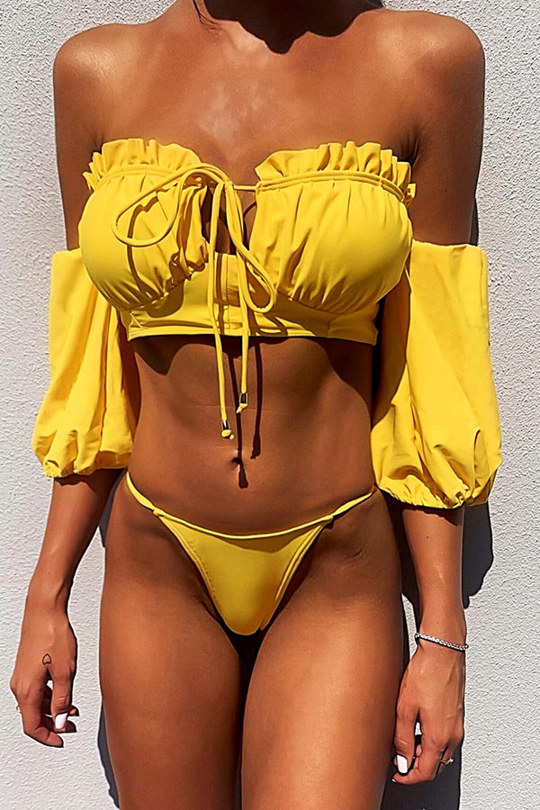 

Lovely Lace-up Yellow Tow-piece Swimsuit