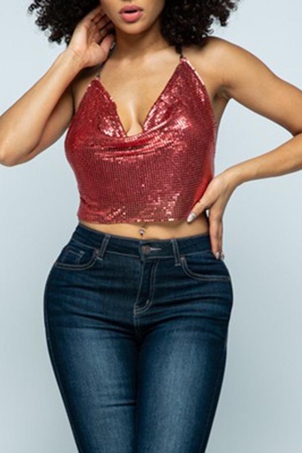 

Lovely Casual Sequined Pink Camisole