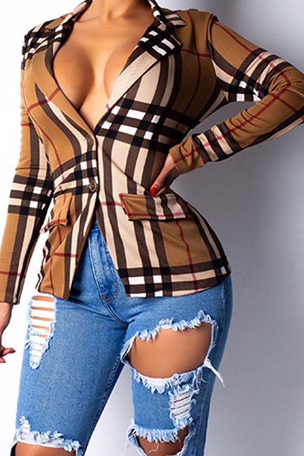 

Lovely Chic Plaid Print Brown Coat