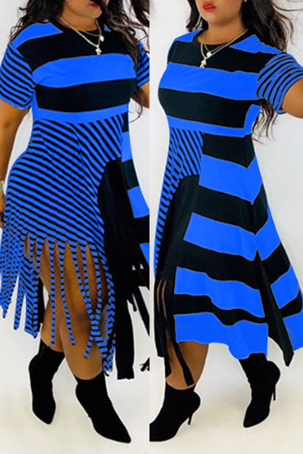 

LW Plus Size Casual Tassel Print Blue Dress, Blue stripe