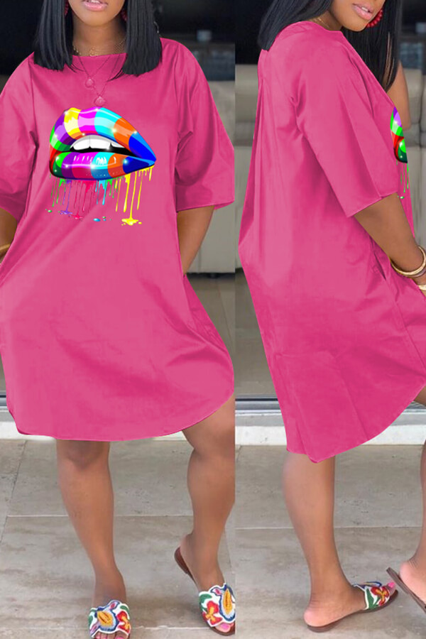 

Lovely Casual Lip Print Rose Red Knee Length Dress