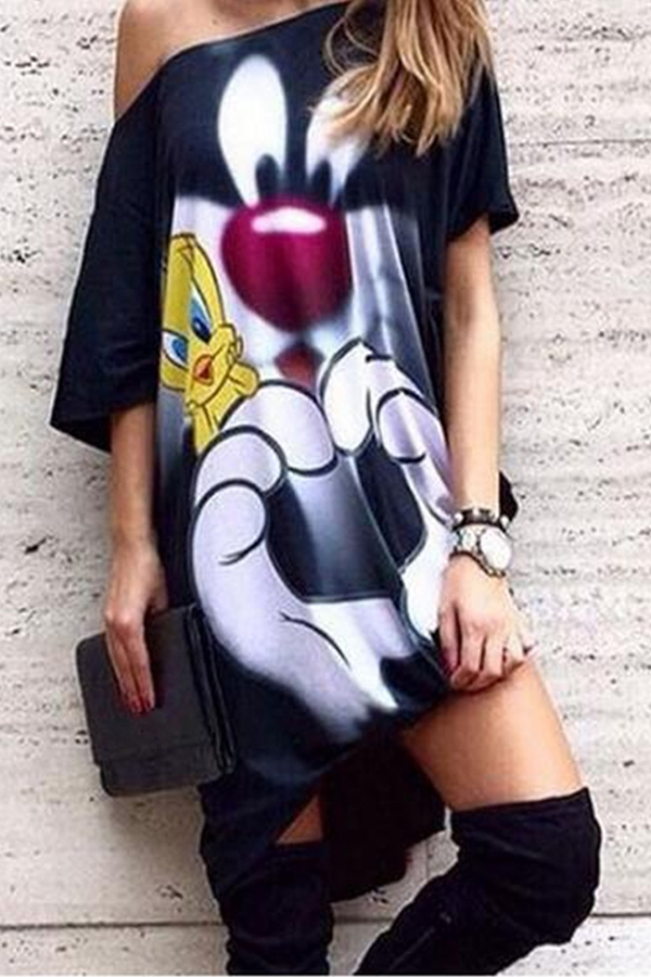 

Lovely Casual One Shoulder Print Black Mini Dress