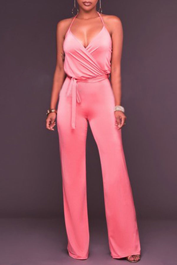 

Lovely Chic V Neck Pink One-piece Jumpsuit