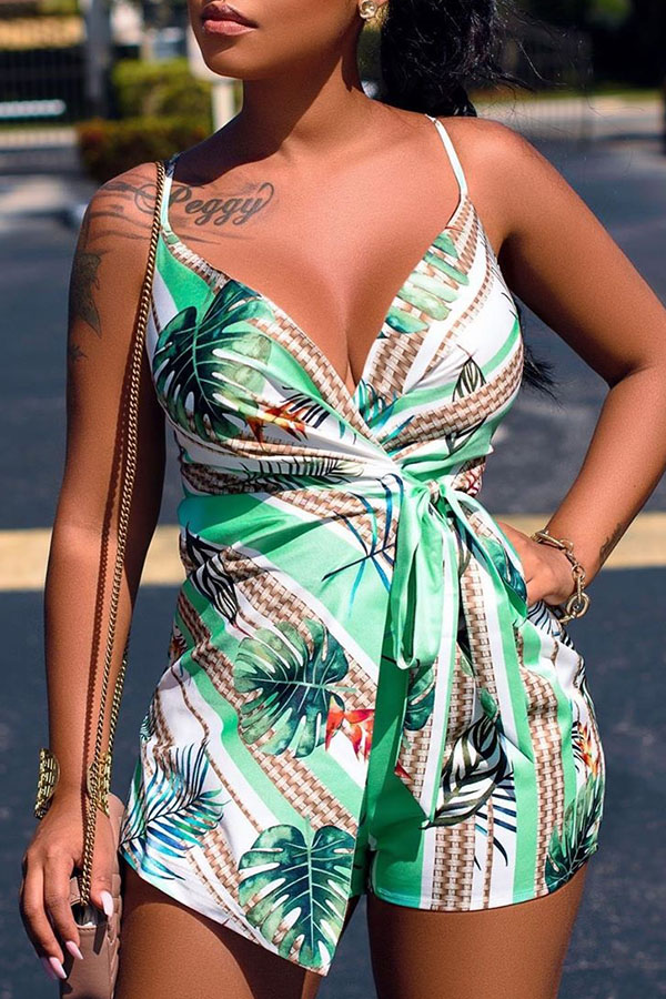 

Lovely Trendy Print Green Two-piece Romper