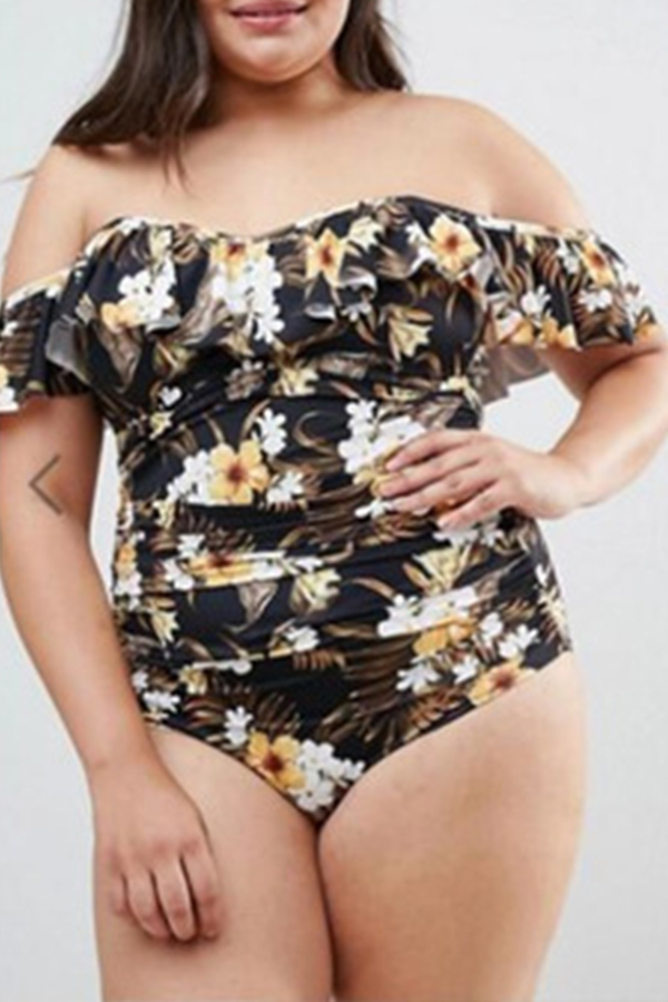 

Lovely Floral Print Black Bathing Suit Plus Size One-piece Swimsuit