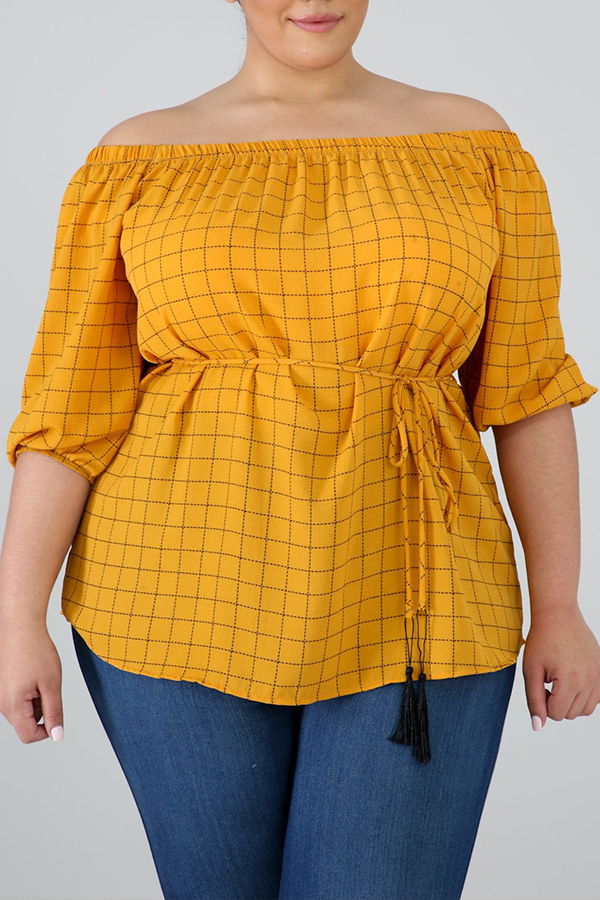 

Lovely Trendy Grid Yellow Plus Size Blouse