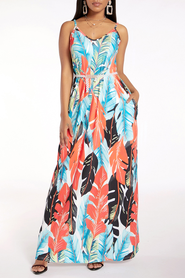 

Lovely Sweet V Neck Print Loose Blue Maxi Dress