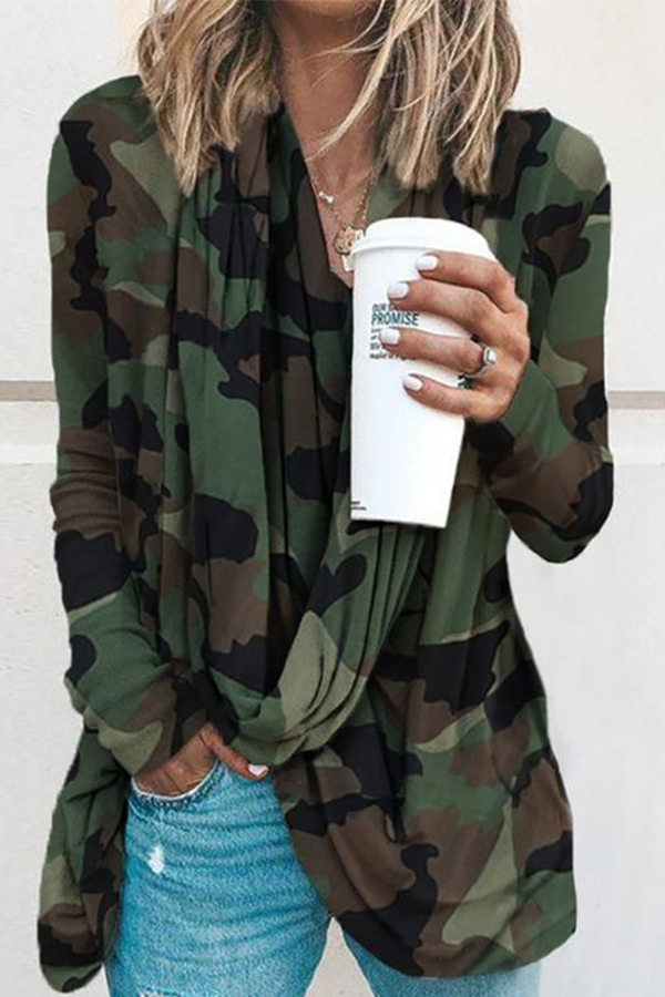 

Lovely Casual Camo Print Army Green Blouse, Army green camouflag