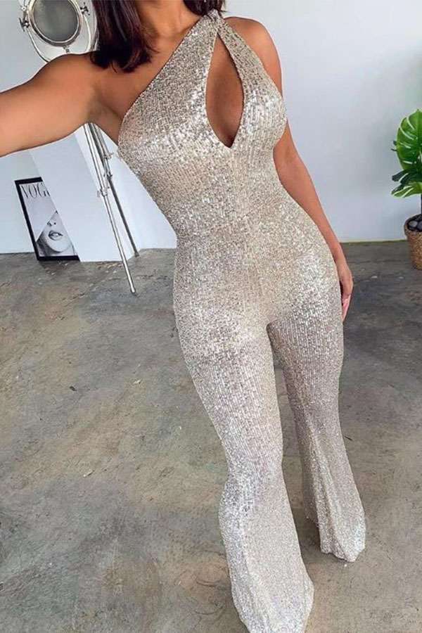 

Lovely Party One Shoulder Silver One-piece Jumpsuit