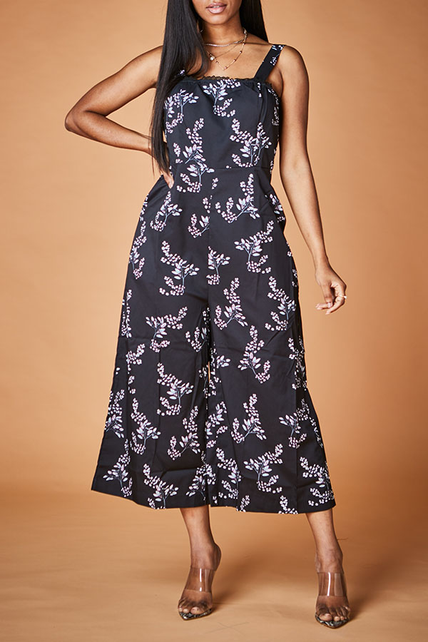 

Lovely Chic Print Loose Black One-piece Jumpsuit