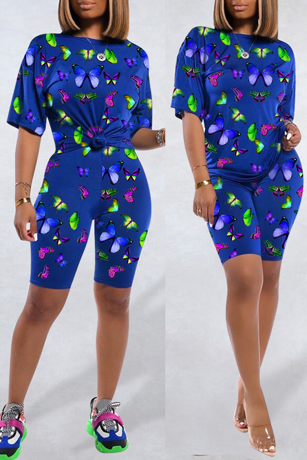 

Lovely Trendy Print Blue Two-piece Shorts Set