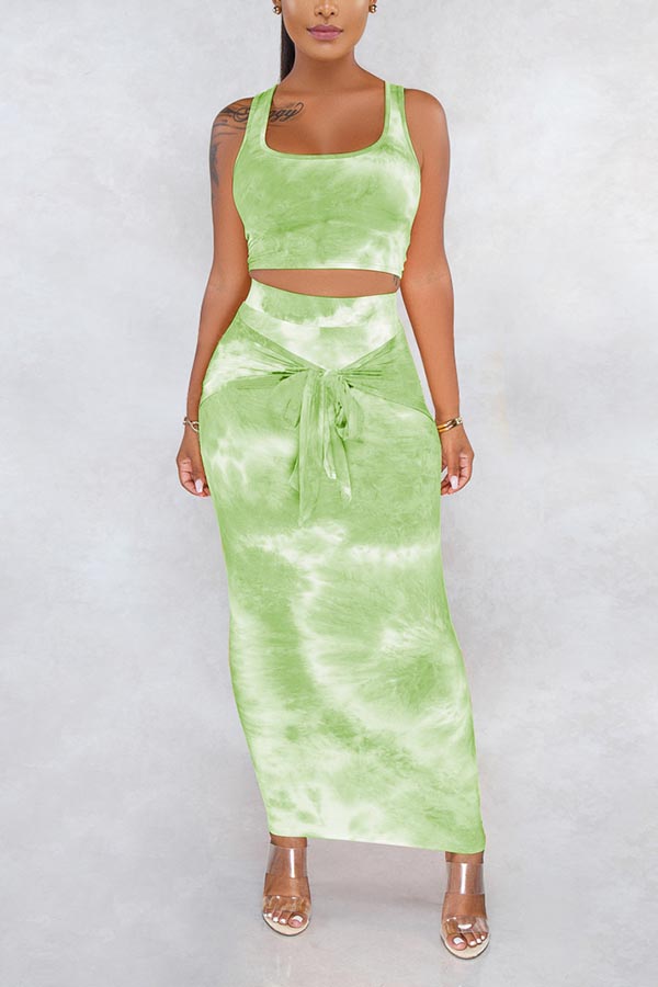 

Lovely Casual Tie-dye Green Two-piece Skirt Set