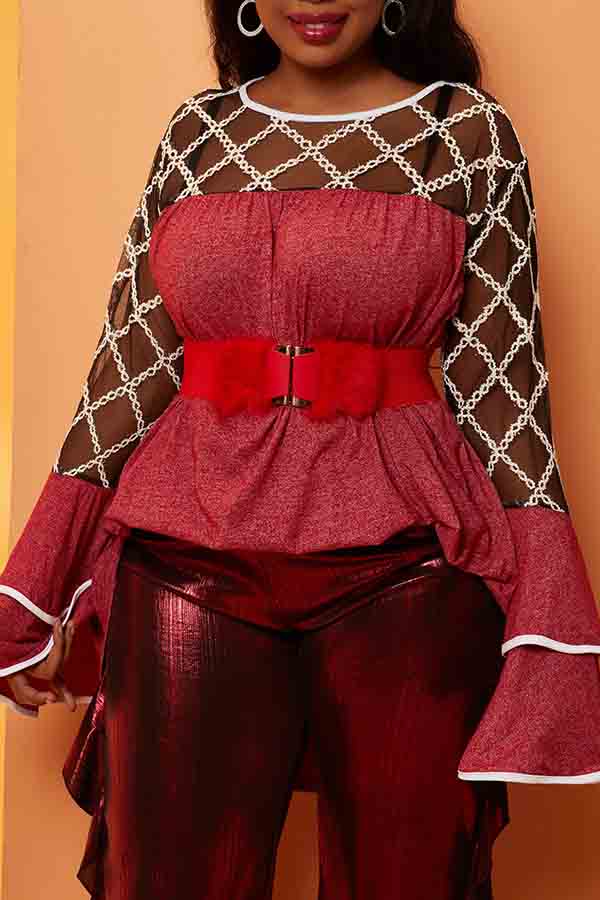 

Lovely Trendy Patchwork Red Plus Size Blouse