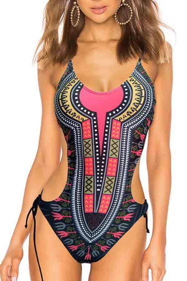 

Lovely Lace-up Multicolor Bathing Suit One-piece Swimsuit, Multi