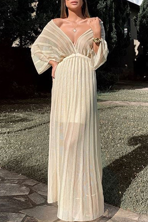 

Lovely Casual V Neck Striped White Maxi Dress