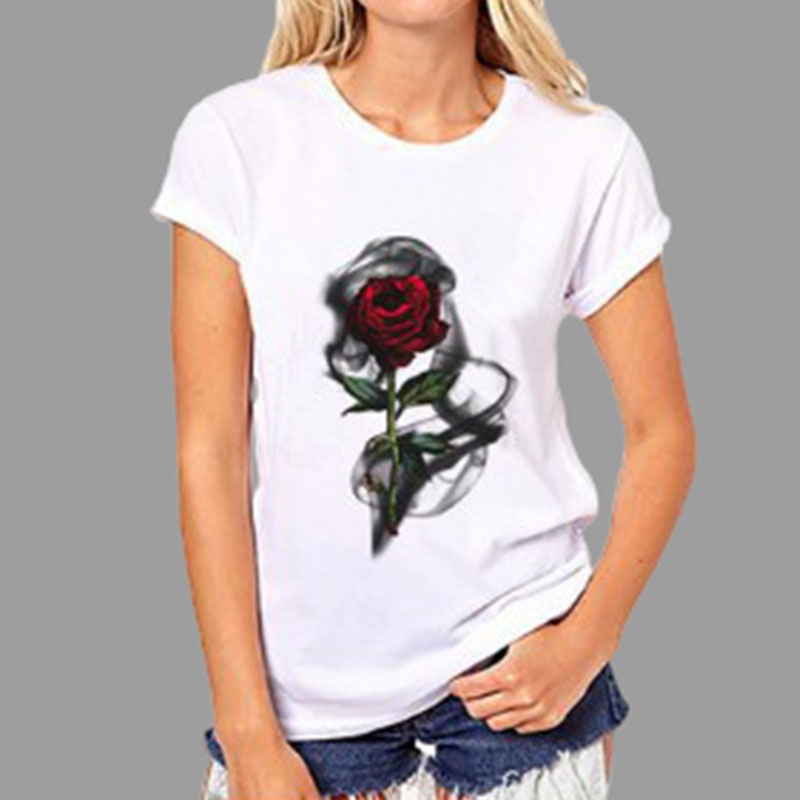 

Lovely Casual Rose Print White Plus Size T-shirt