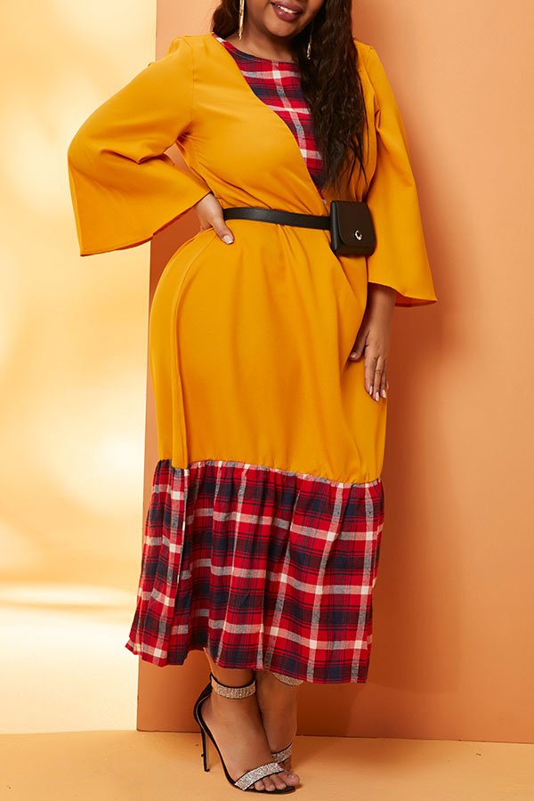 

Lovely Casual Patchwork Yellow Ankle Length Plus Size Dress