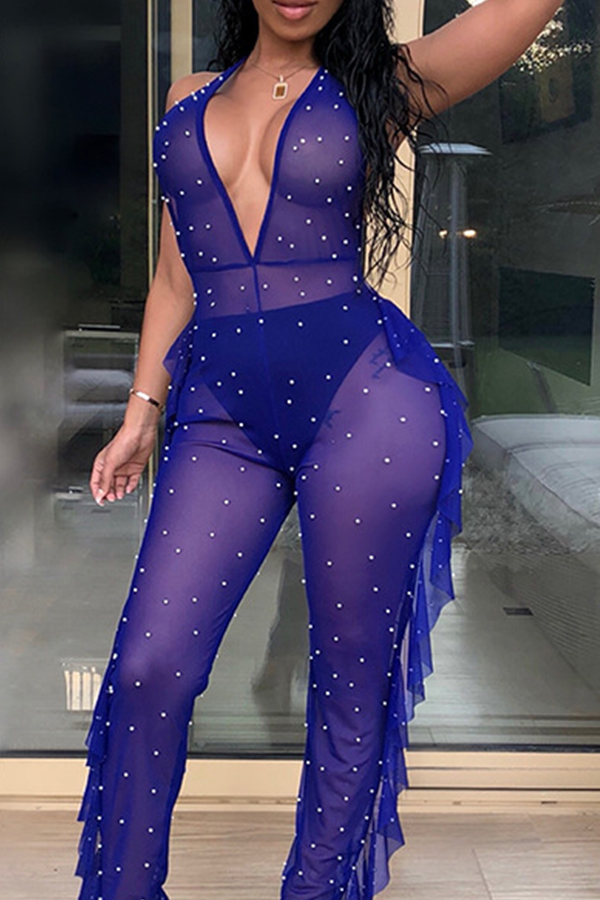

Lovely Chic See-through Blue One-piece Jumpsuit