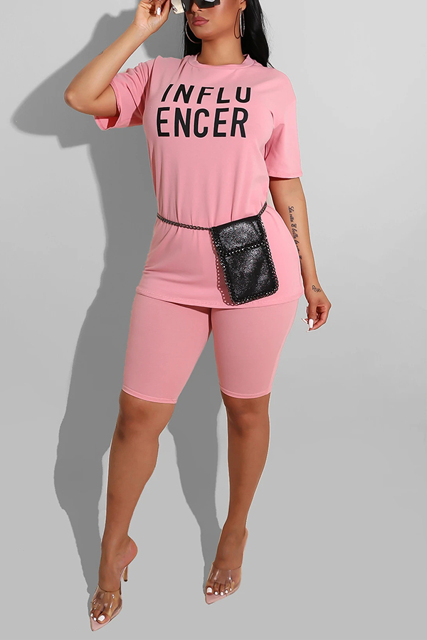 

Lovely Casual Letter Print PinkTwo-piece Shorts Set, Pink