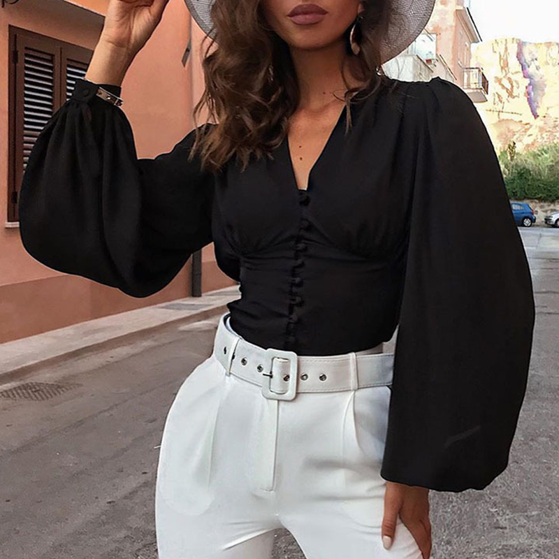 

Lovely Trendy Deep V Neck Black Blouse