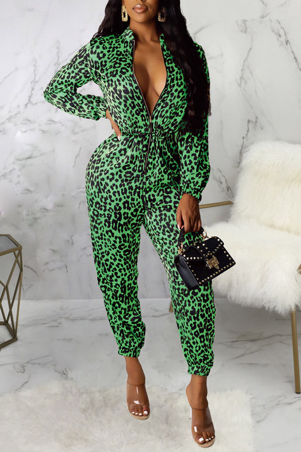 

Lovely Casual Leopard Print Green One-piece Jumpsuit
