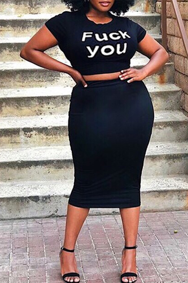 

Lovely Stylish Letter Black Two-piece Skirt Set
