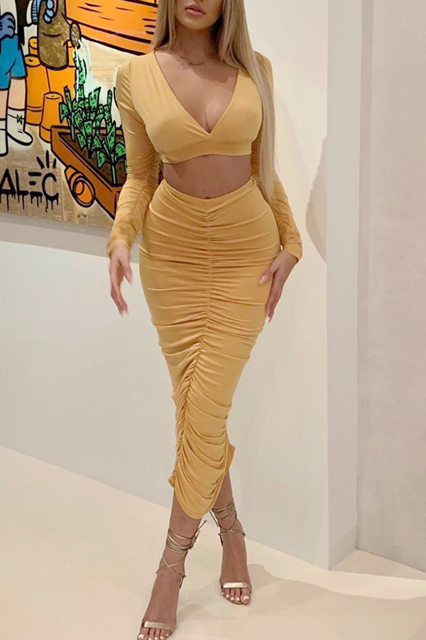 

Lovely Stylish Fold Design Apricot Two-piece Skirt Set