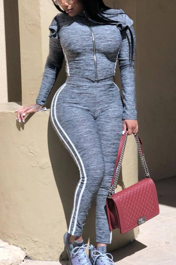 

Lovely Casual Zipper Design Grey Two-piece Pants Set