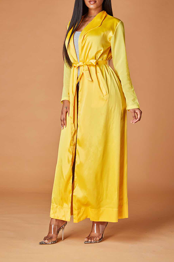 

Lovely Casual Lace-up Yellow Trench Coat