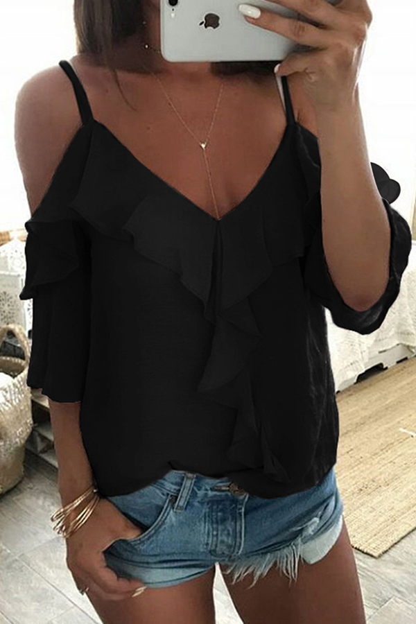 

Lovely Sweet Flounce Black Blouse