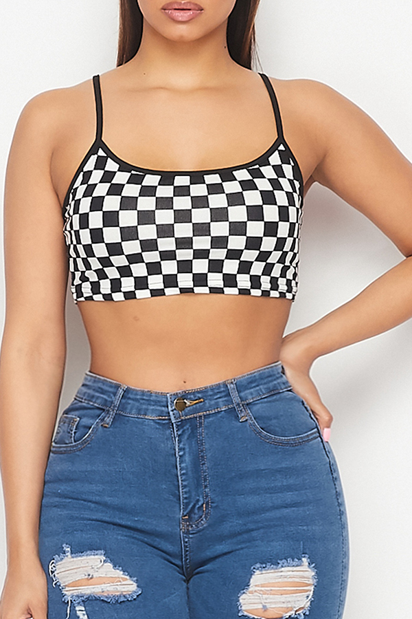 

Lovely Street Plaid Print Black And White Camisole, Black & white tartan