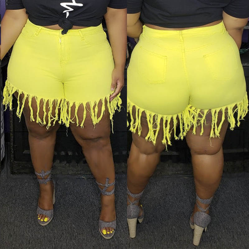 

Lovely Casual Tassel Design Lemon Yellow Plus Size Shorts