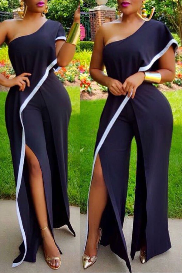 

Lovely Trendy One Shoulder Side Slit Black One-piece Jumpsuit