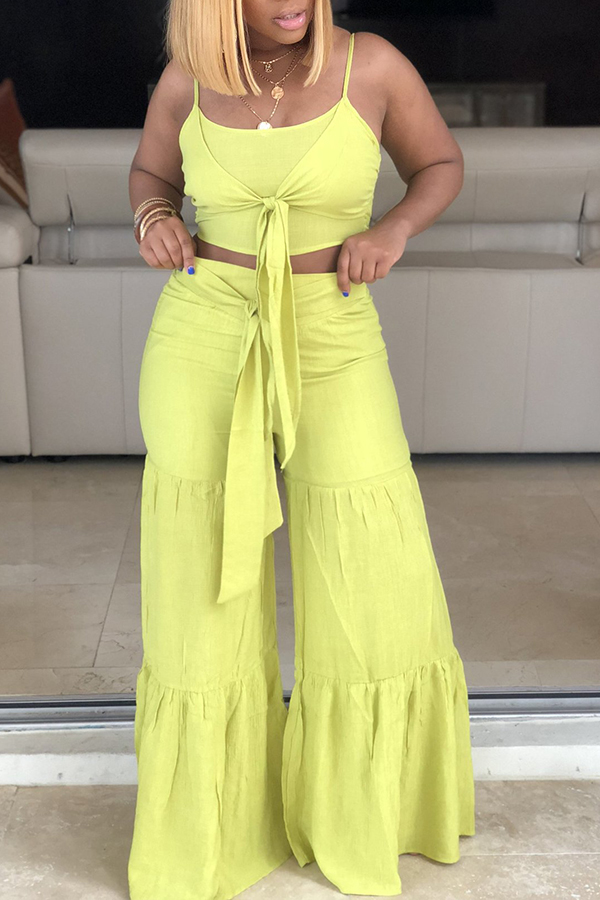 

Lovely Trendy Lace-up Yellow Two-piece Pants Set