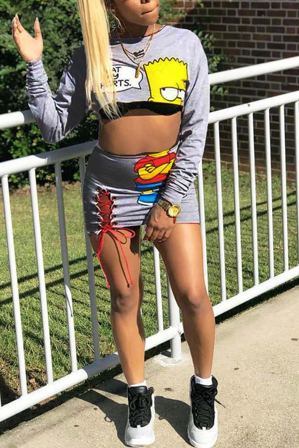 

Lovely Casual Cartoon Print Grey Two-piece Skirt Set