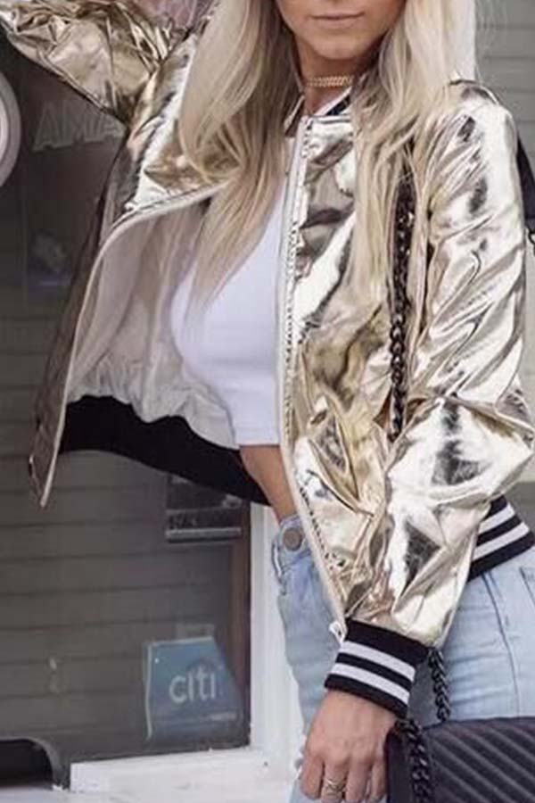 

Lovely Trendy Zipper Design Gold Jacket
