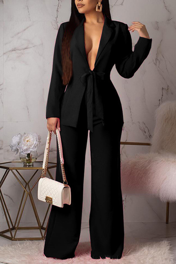 

Lovely Casual Deep V Neck Black Two-piece Pants Set