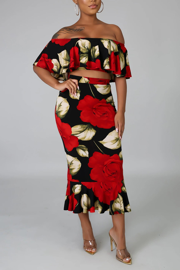 

Lovely Bohemian Print Red Two-piece Skirt Set