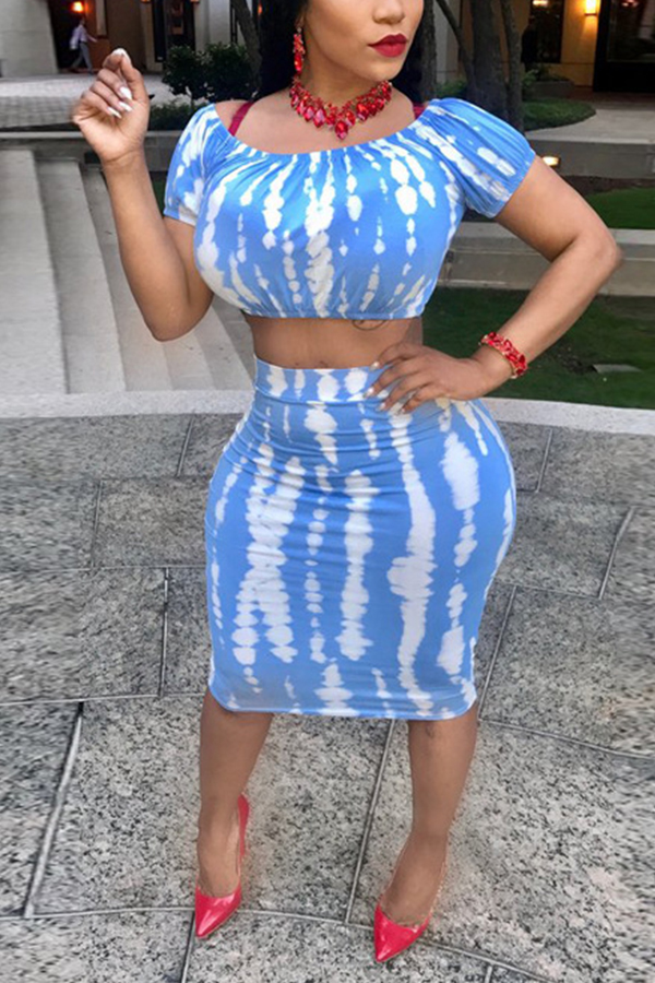 

Lovely Bohemian Print Blue Two-piece Skirt Set