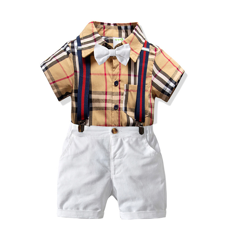 

Lovely Casual Grid Print Apricot Boy Two-piece Shorts Set